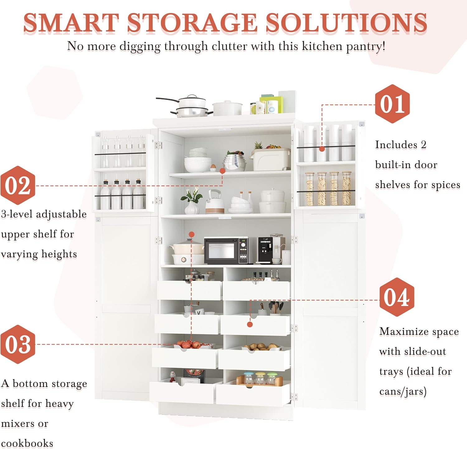 Freestanding Kitchen Pantry Storage Cabinet, 70.9''H Tall Wooden Kitchen Organizers with 4 Doors, 2 Door Shelves, 8 Pull-out Trays and Adjustable Shelf for Dining Room Living Room (White-8.5)