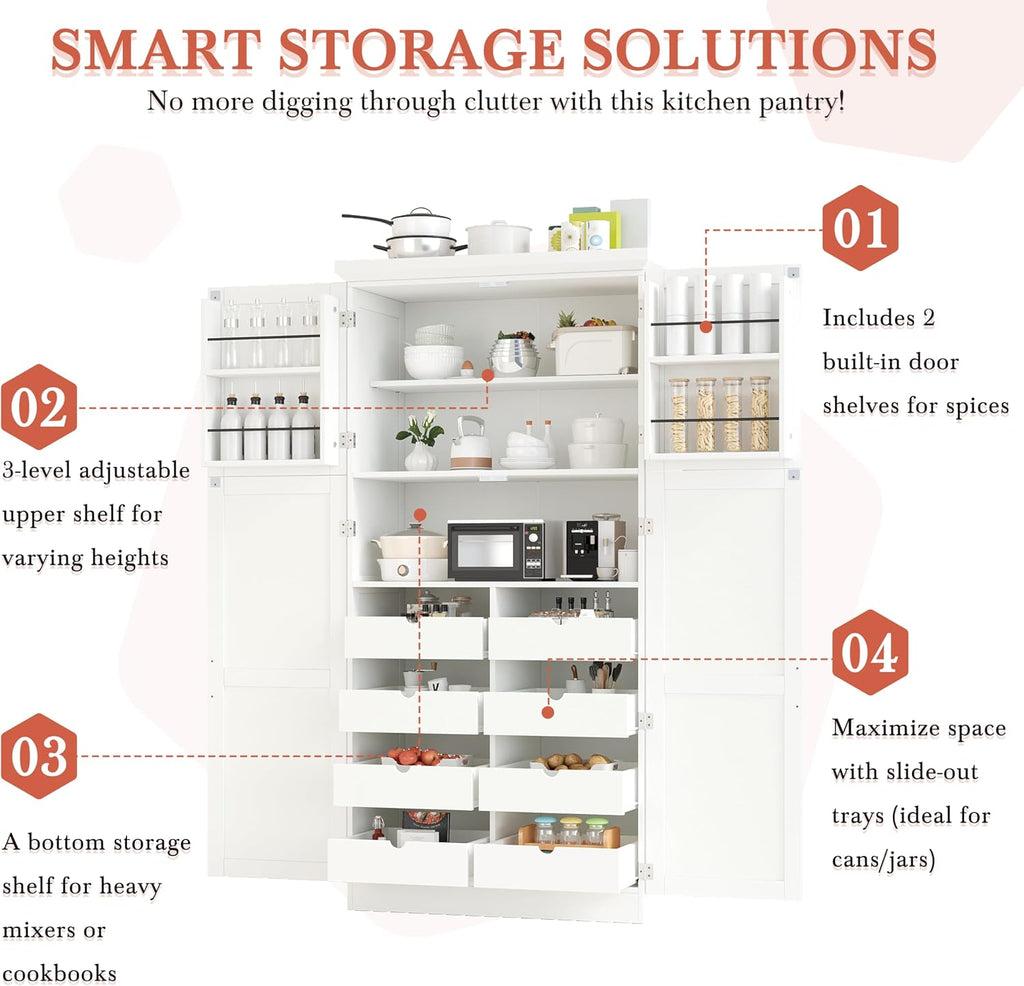 Merax 71' Tall Kitchen Pantry Cabinet with 4 Doors, 2 Door Shelves, 8 Pull-Out Trays and Adjustable Shelf, Freestanding Buffet Cabinet,White (35.5x17.6x70.9inch)