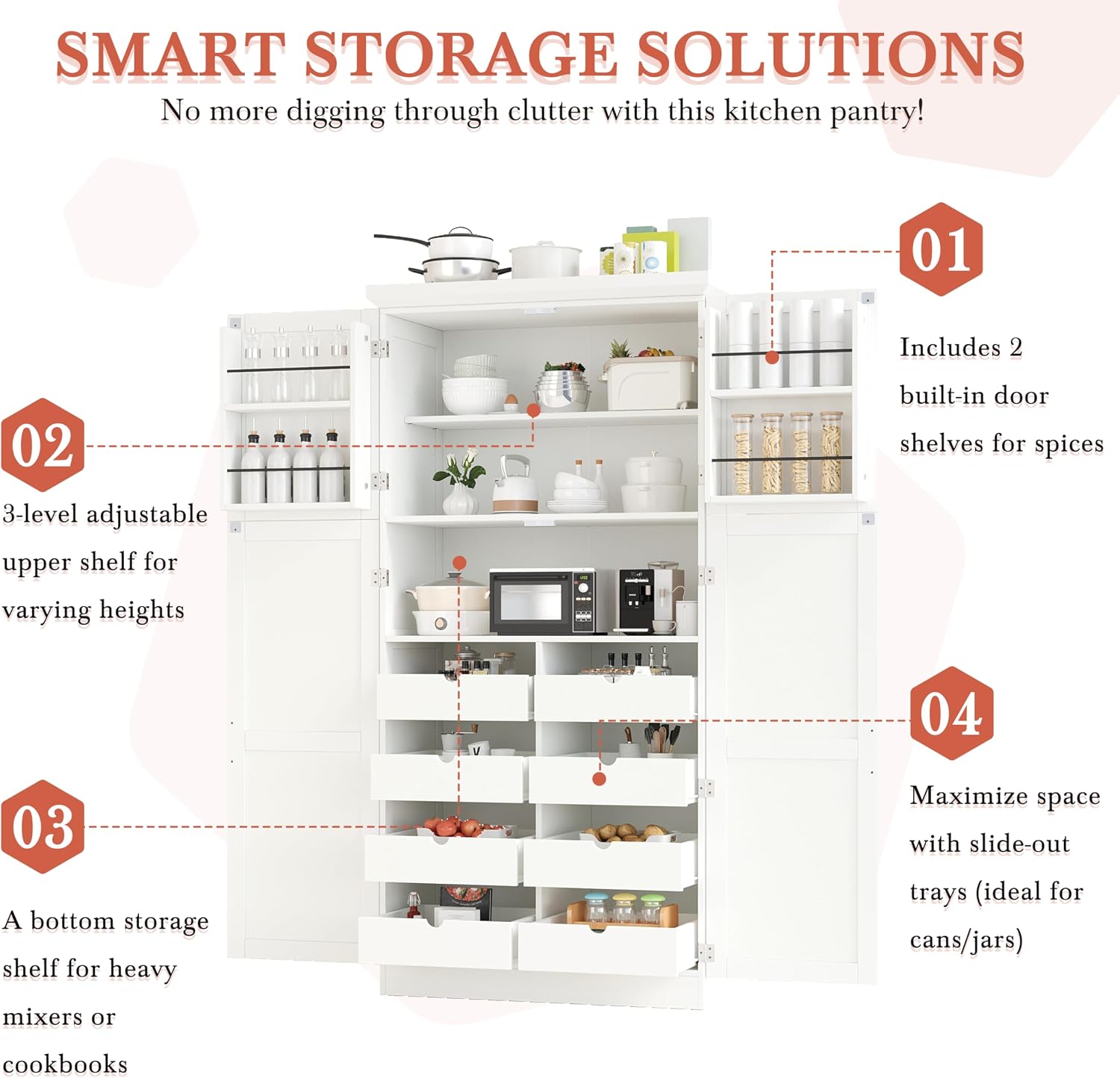 Merax 71' Tall Kitchen Pantry Cabinet with 4 Doors, 2 Door Shelves, 8 Pull-Out Trays and Adjustable Shelf, Freestanding Buffet Cabinet,White (35.5x17.6x70.9inch)