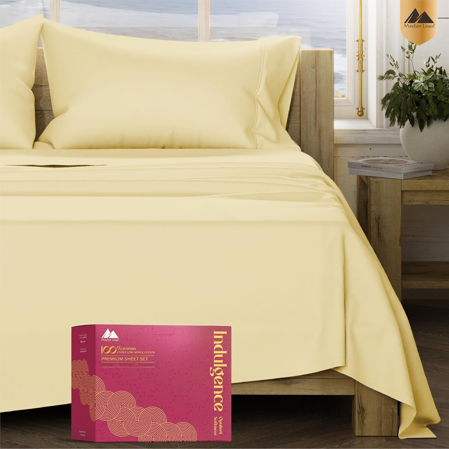 Mayfair Linen 100% Egyptian Cotton Sheets California King Size - High Thread Count 4 PC Cal King Sheet Egyptian Cotton, Soft, Cooling Sateen Sheets, High Thread Count Sheet California King - Beige