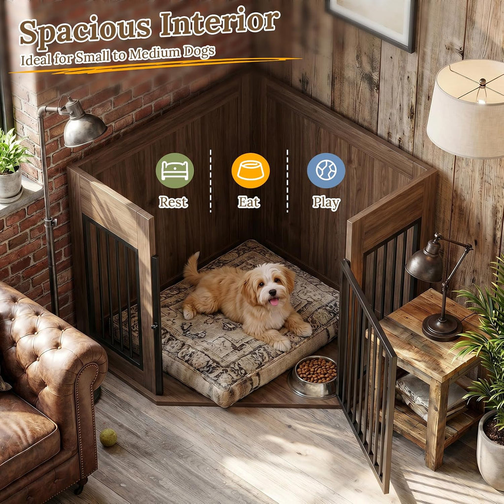 Yafylly Corner Dog Crate Furniture, 44.6' Furniture Style Corner Dog Crate with Fluted Drawer, Wooden Dog Kennel End Table for Small Medium Dogs, Dog Cage TV Stand, Brown