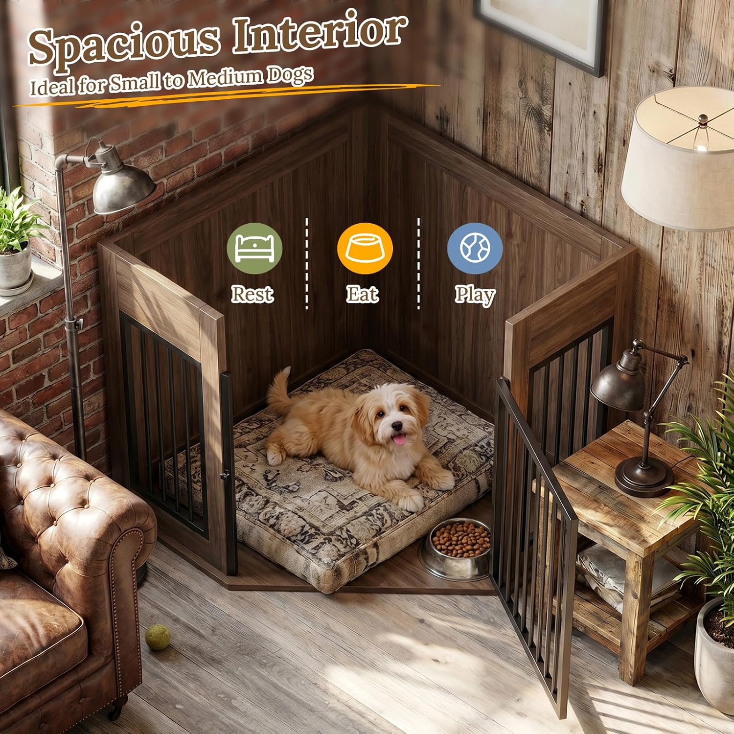 Yafylly Corner Dog Crate Furniture, 44.6' Furniture Style Corner Dog Crate with Fluted Drawer, Wooden Dog Kennel End Table for Small Medium Dogs, Dog Cage TV Stand, Brown