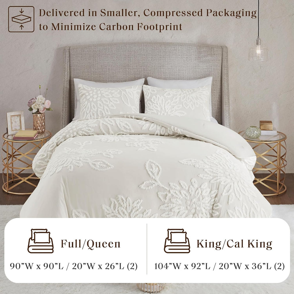 Madison Park Queen Comforter Set Floral Chenille Tufted Cotton Comforter for Queen Size Bed, Soft & Lightweight Down Alternative Queen Bedding Set, Shams, Veronica, Full/Queen Off White 3 Piece