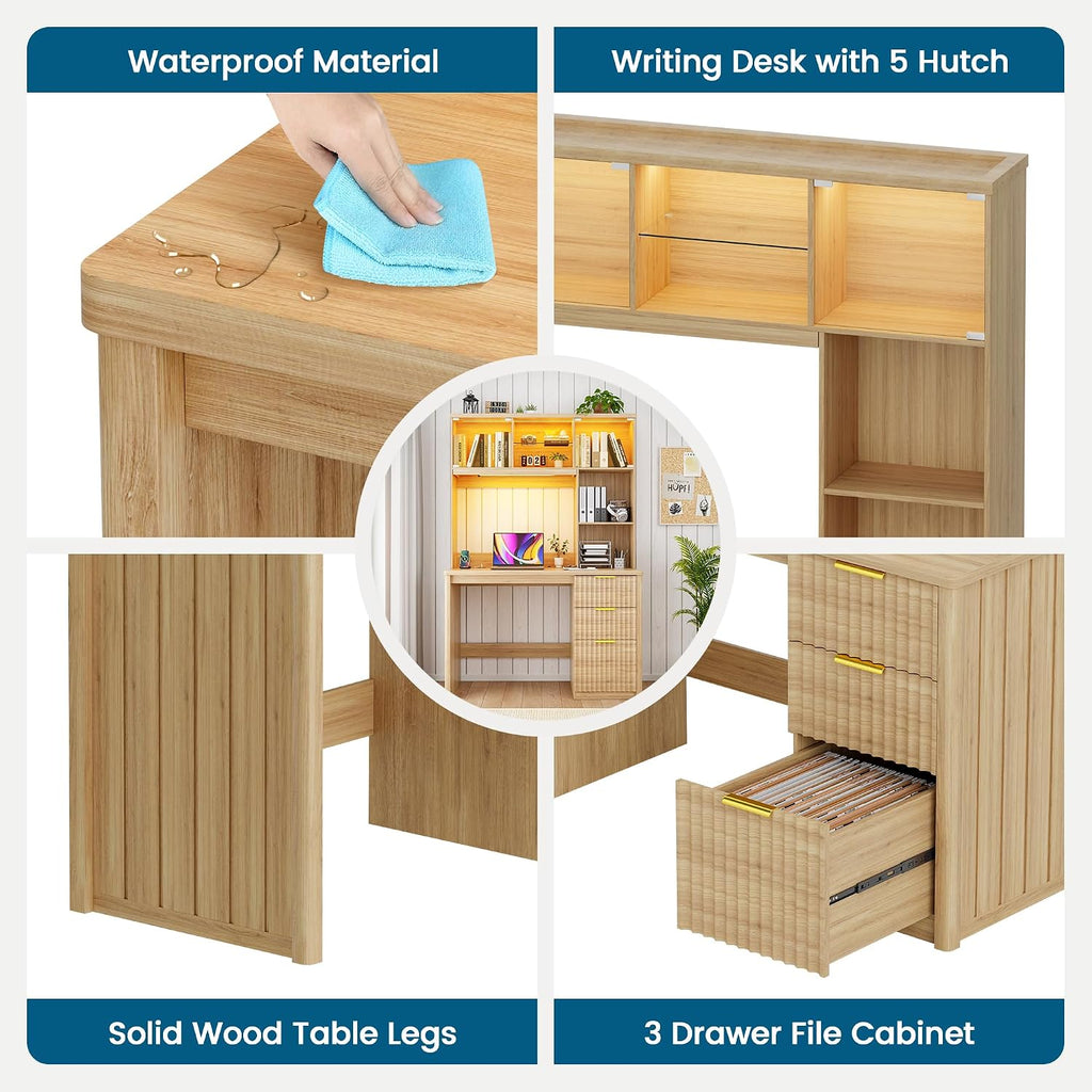 WOOVIVS Standing Desk with LED Light for Office Room, Smart Computer Desk with Hutch and Drawer for Game Room,Modern Study Table with 2AC Port Charging Station/Lamp/for Bedroom (Wood)