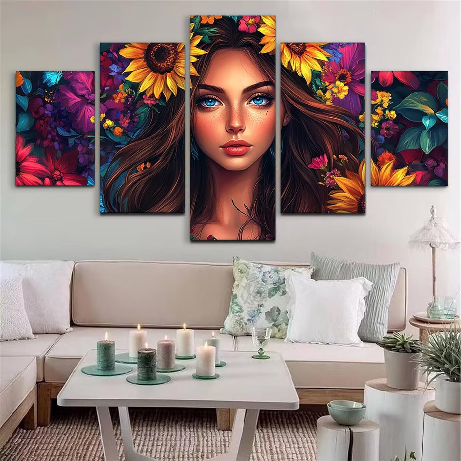 Sunflower Diamond Art 5 Piece Diamond Painting Woman 5D DIY Full Round Drill Dimond Art Paintings Rhinestones Crafts for Adults Gem Painting for Home Decor Large Artwork for Wall 36 x 70 Inch,Model141