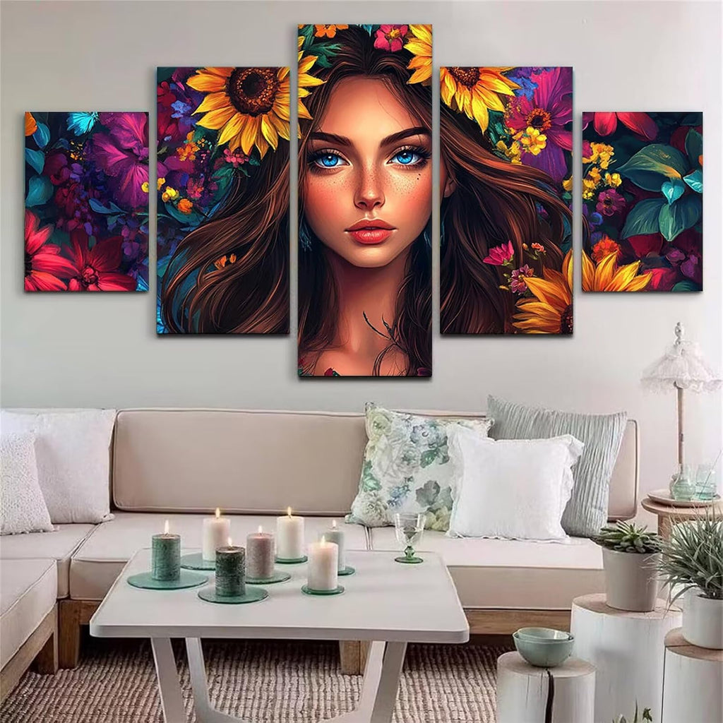 Sunflower Diamond Art 5 Piece Diamond Painting Woman 5D DIY Full Round Drill Dimond Art Paintings Crystal Crafts for Adults Gem Painting for Home Decor, Large Artwork for Wall 48 x 100 Inch, Model141