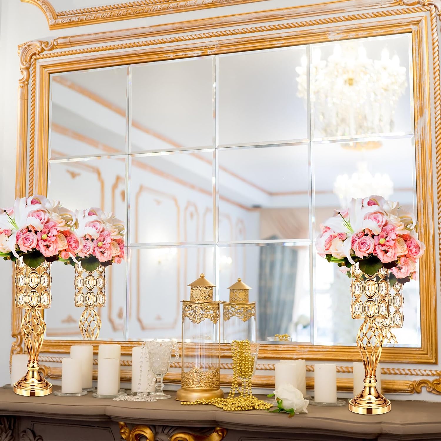 Tatuo 12 Pcs Gold Wedding Centerpiece Vases for Table Crystal Flower Trumpet Metal Flower Vase Stand with Diamond for Wedding Party Reception Dining Room Living Room(20 inch)