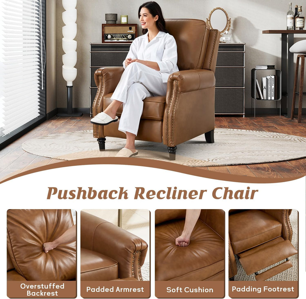 CANMOV Push Back Recliner Chair, Genuine Leather Pushback Reclining Chair with Padded Seat, Wingback Recliner with Rivet Decoration Single Sofa Recliner for Living Room Apartment, Brown