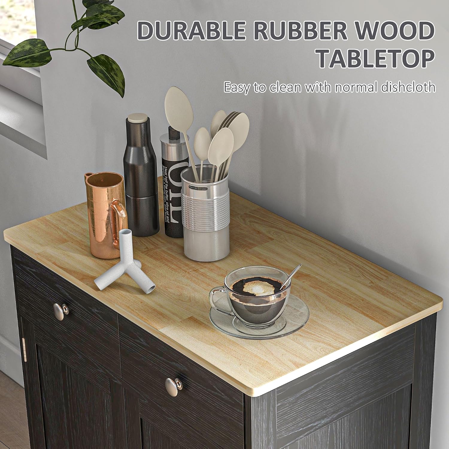 HOMCOM Sideboard Buffet Cabinet with Solid Wood Countertop, Modern Kitchen Storage Cabinet, Coffee Bar Cabinet with 2 Drawers, Doors and Adjustable Shelf, Distressed Black