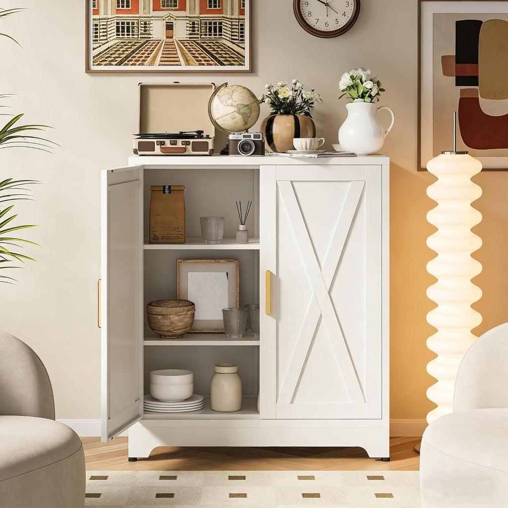 Metal Locker Cabinet, White Farmhouse Storage Cabinets with 2 Doors and Adjustable Shelves, 3 Tier Modern Storage Freestanding Sideboard for Living Room,School,Office Home Kitchen