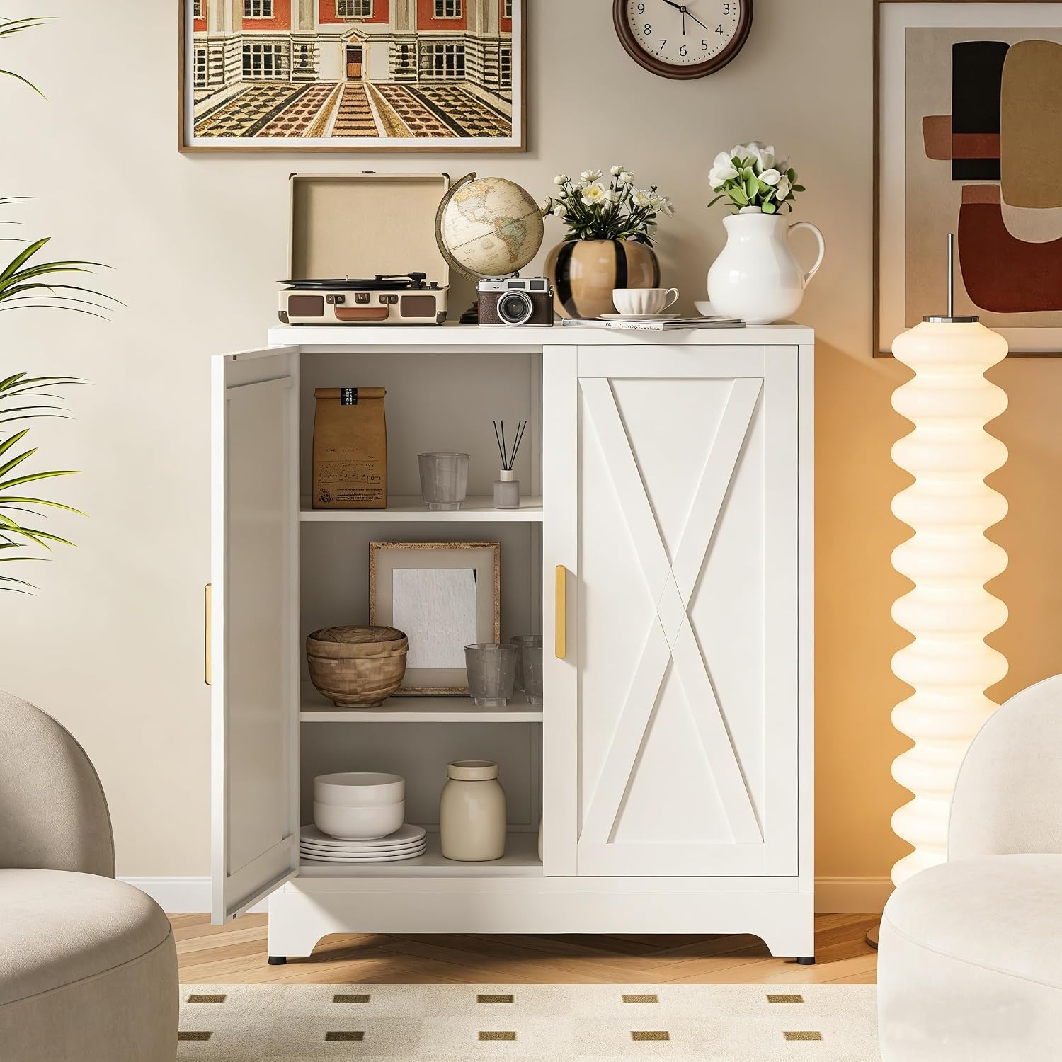 Metal Locker Cabinet, White Farmhouse Storage Cabinets with 2 Doors and Adjustable Shelves, 3 Tier Modern Storage Freestanding Sideboard for Living Room,School,Office Home Kitchen