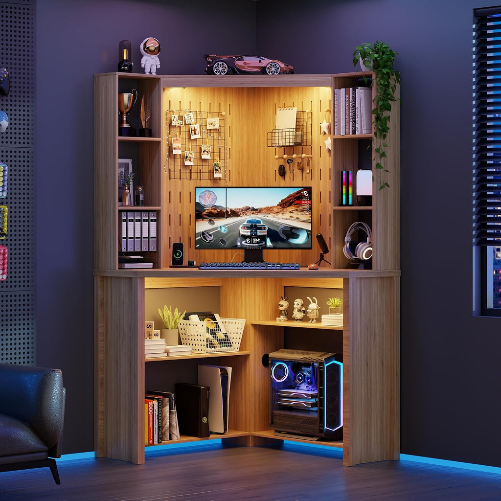 Corner Desk with - LED Reading Light, L-Shaped Computer Desk w/Hutch & Shelves, Home Office Desk w/Charging Station for Work & Study, File Cabinet Storage Bookshelf for Small Space (Natural)