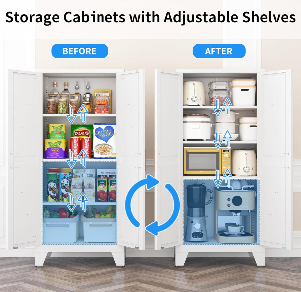61' Tall Pantry Cabinet, White Metal Pantry Storage Cabinet, Kitchen Pantry Storage Cabinets with 2 Door and 3 Adjustable Shelves (White, 61' Modern)