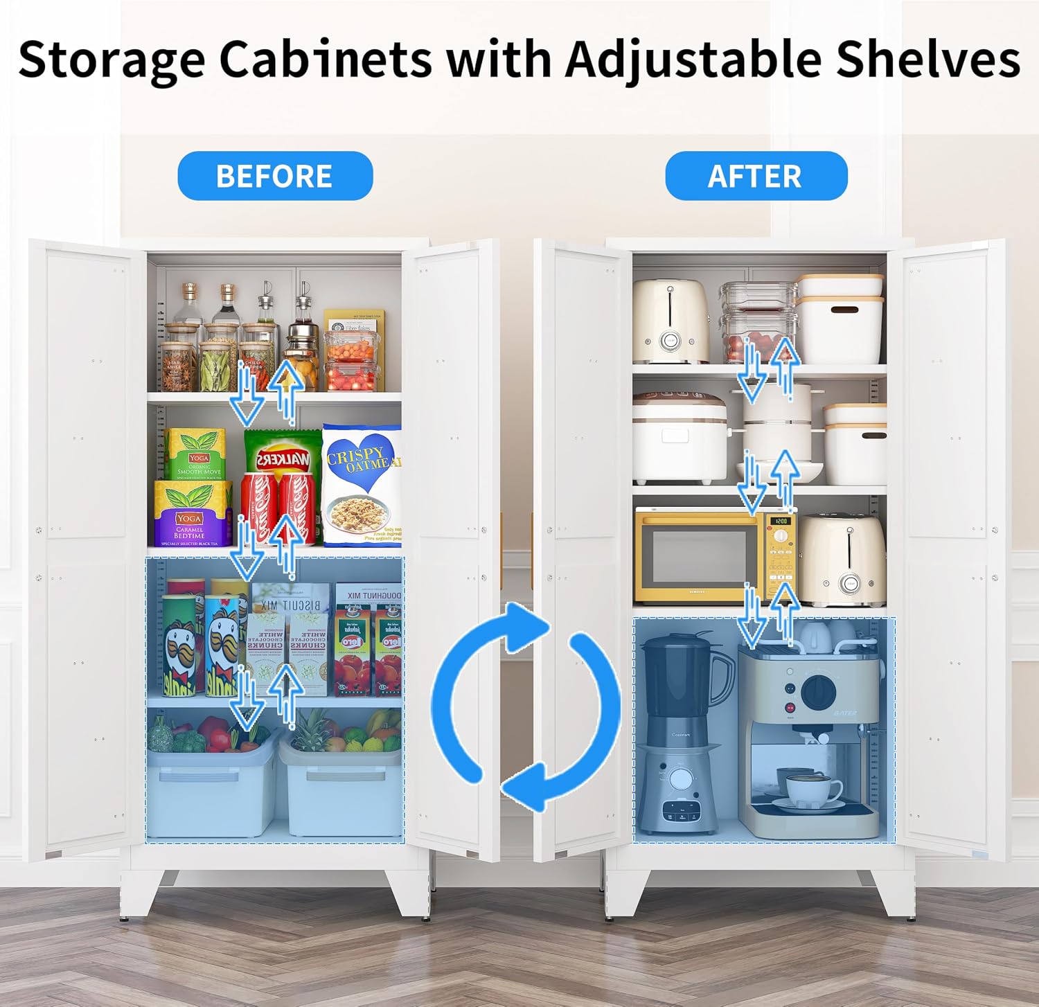 61' Tall Pantry Cabinet, White Metal Pantry Storage Cabinet, Kitchen Pantry Storage Cabinets with 2 Door and 3 Adjustable Shelves (White, 61' Modern)