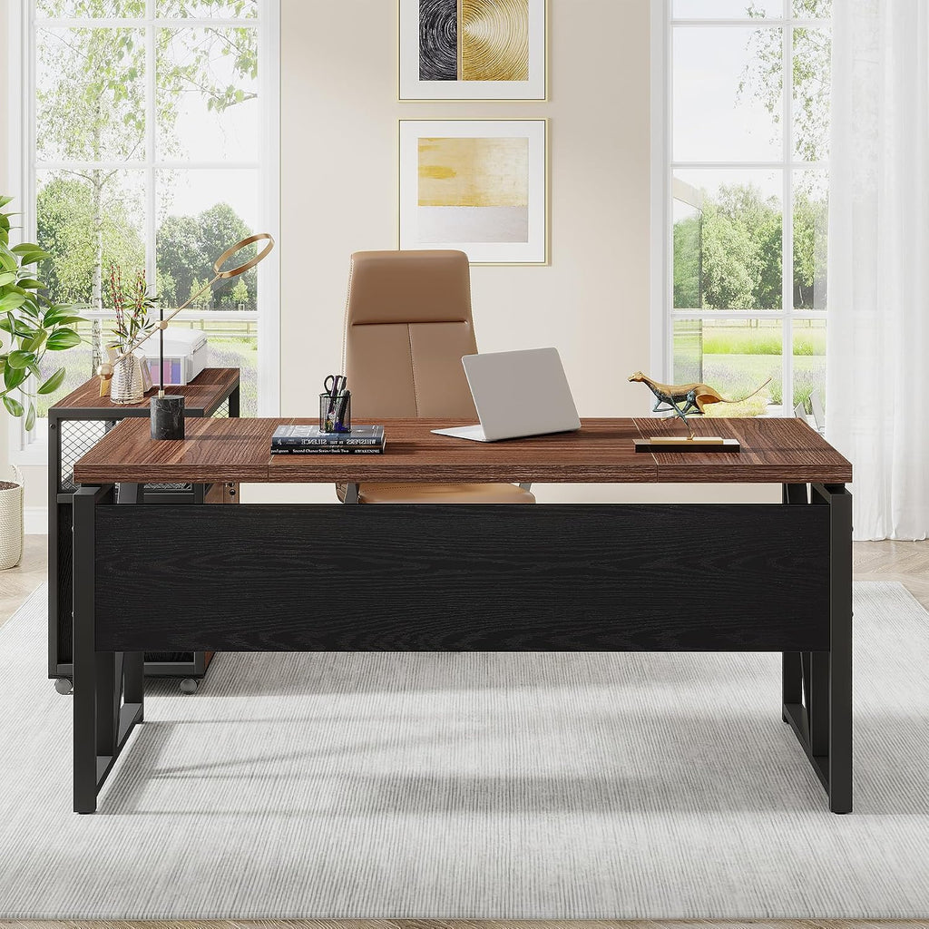 Tribesigns 63' Executive Deskwith Drawer Cabinet, L Shaped Desk and lateral File Cabinet, 2 Piece Home Office Furniture Set with Drawers for Hanging, Doors with Locks (Dark Brown, 63 inches)