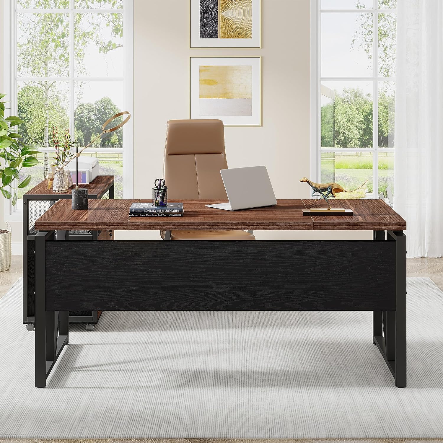 Tribesigns 63' Executive Deskwith Drawer Cabinet, L Shaped Desk and lateral File Cabinet, 2 Piece Home Office Furniture Set with Drawers for Hanging, Doors with Locks (Dark Brown, 63 inches)
