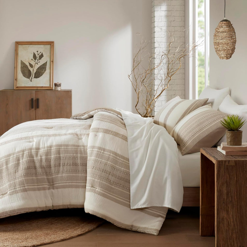 Woolrich King Comforter Set Cotton Striped, Oversized Comforter, All Season Down Alternative Overfilled King Size Comforter, Mesa, King/Cal K Tan 3 Piece