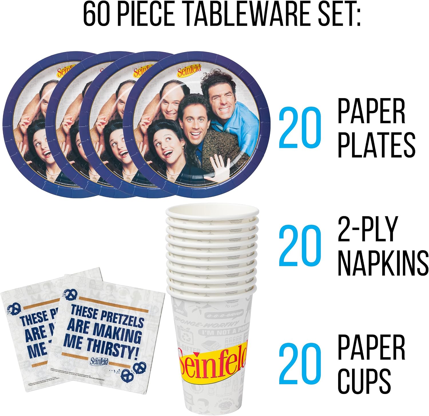 Silver Buffalo Seinfeld TV Series 60 Pack Partyware Disposable Paper Plates, Napkins, and Cups (Pack of 360)