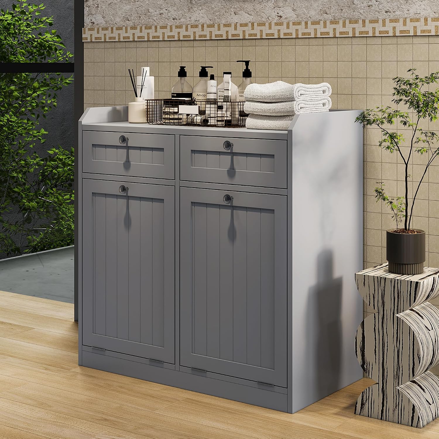 Trash Can Cabinet, 2X 13 Gallons Double Tilt-Out Laundry Hamper Cabinet with Storage Drawer, Hidden Wood Garbage Can Cabinet, Kitchen Dog Proof Trash Bin Cabinet for Bathroom, Kitchen, Grey