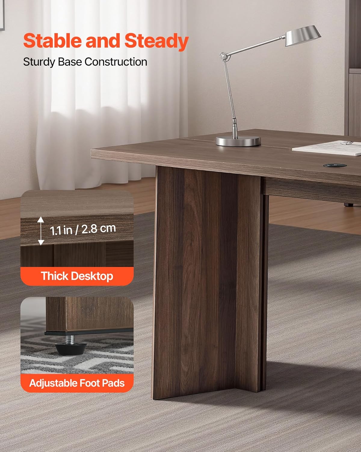 VEVOR 63 in Executive Desk, Large Modern Rectangle Office Table, Heavy Duty Wooden Executive Table with Cable Connection Hole, 250 LBS Load Capacity, Easy Assembly, for Work Study Writing, Walnut