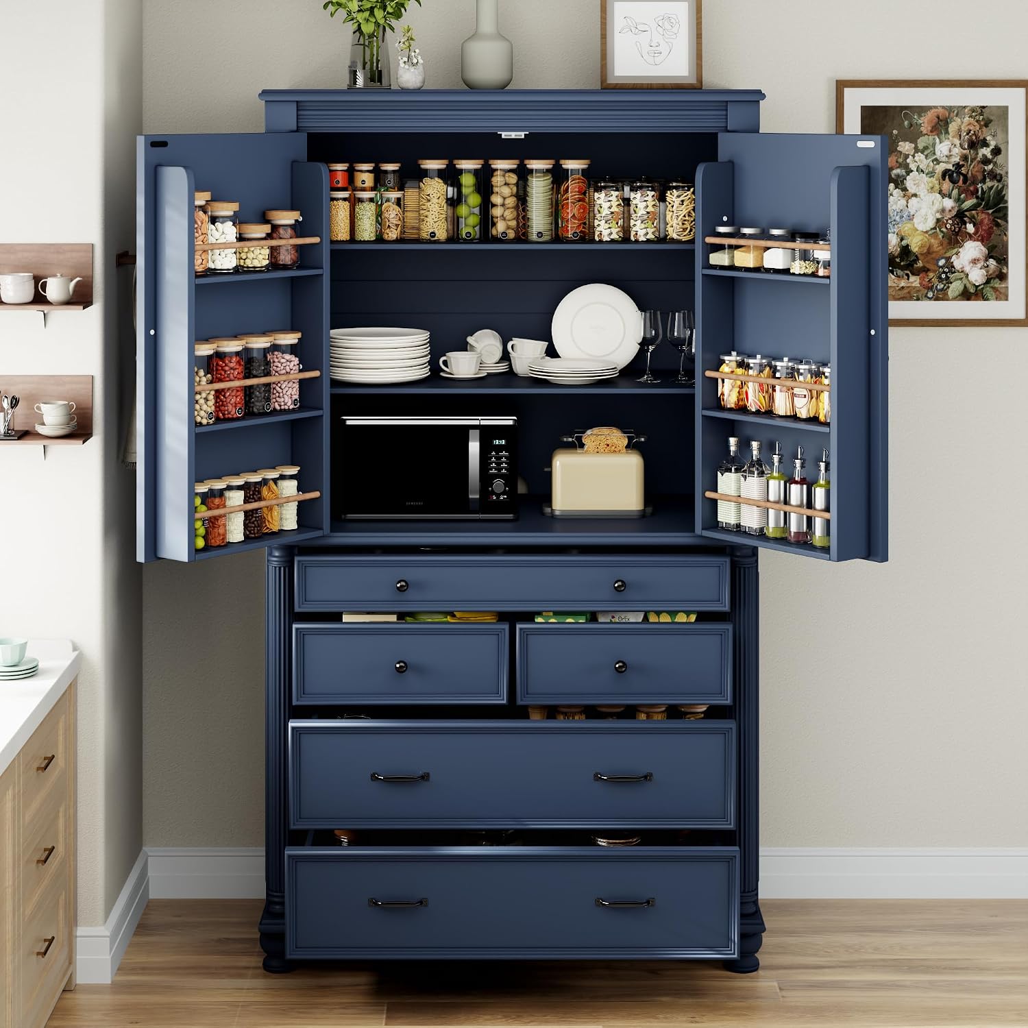 77.3 inch Tall Kitchen Pantry Cabinet with 6 Door Shelves and 2 Adjustable Shelves, Wooden Storage Cabinet Cupboard with 6 Drawers for Kitchen, Dining (Blue-83)