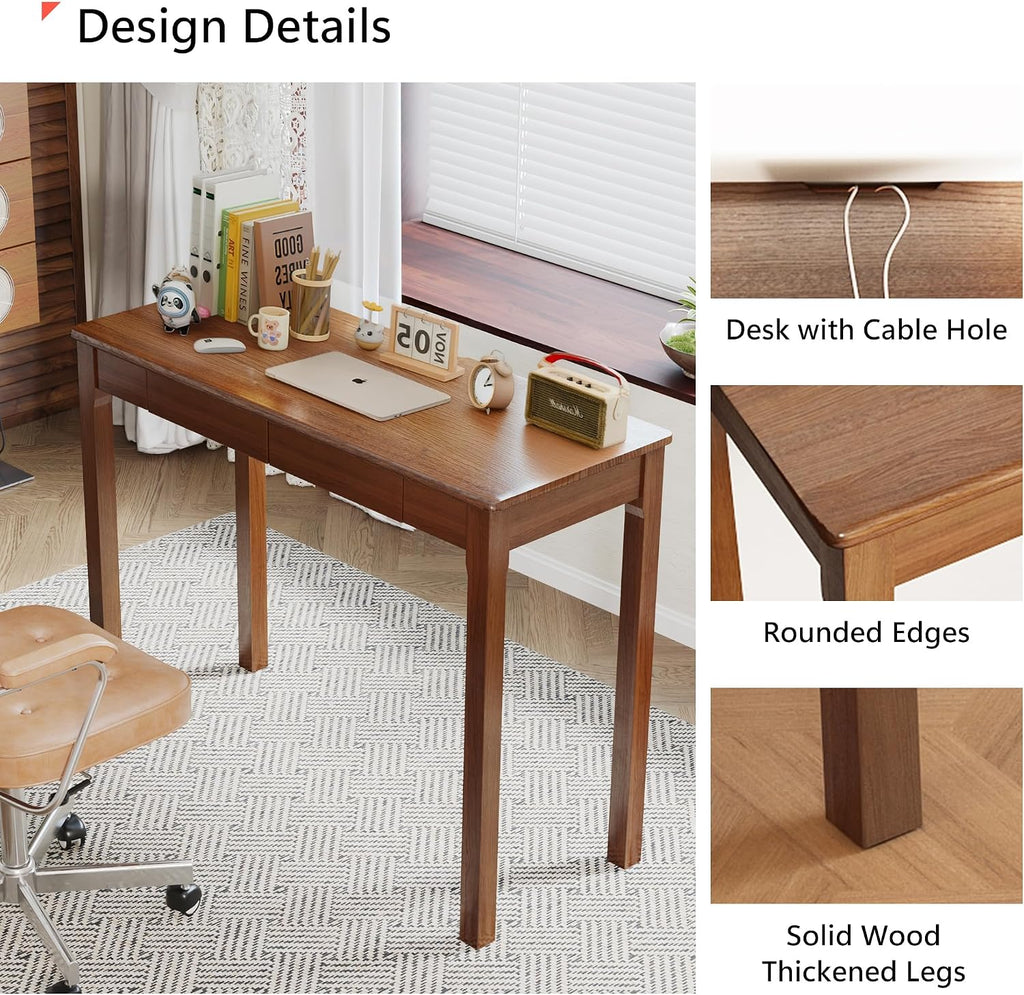 Solid Wood Desk with Drawers - 39' Narrow Desks for Small Spaces, Mid Century Modern Desks, Small Wooden Vintage Computer Writing Desk, Study Table for Home Office Bedroom, Walnut