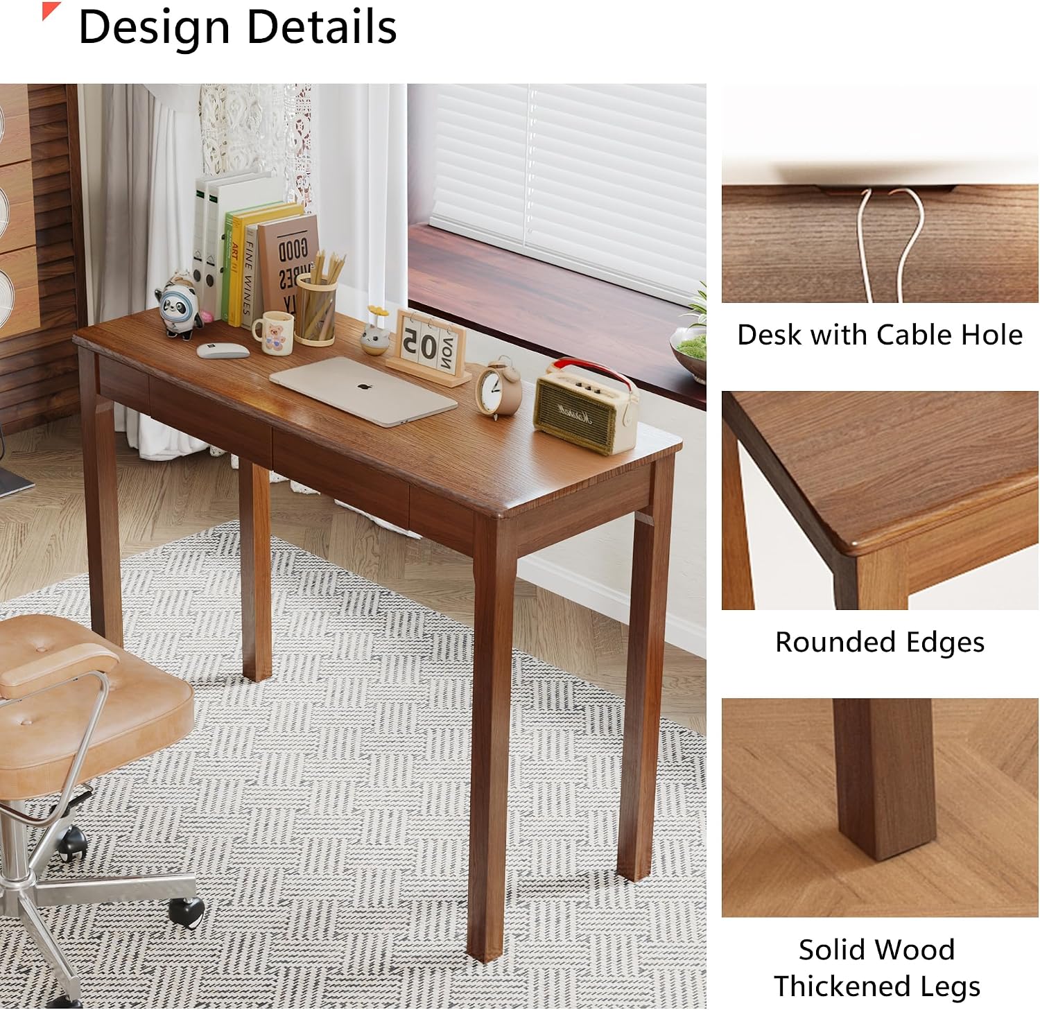 Solid Wood Desk with Drawers - 39' Narrow Desks for Small Spaces, Mid Century Modern Desks, Small Wooden Vintage Computer Writing Desk, Study Table for Home Office Bedroom, Walnut