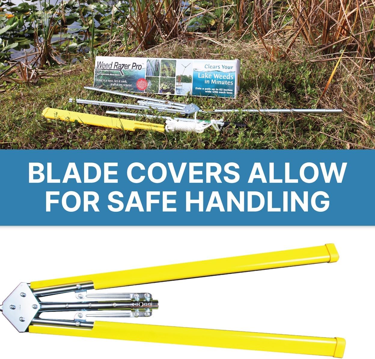 Jenlis Weed Razer Pro, Lake Weed Cutter, Large Pond Aquatic Plant Cutting Tool, Sharp Razor Blades Shear Cattail, Reed, Lilly & Chara Algae, Adjustable 30'-62' Inch Cut Width, 25' Foot Throw Rope