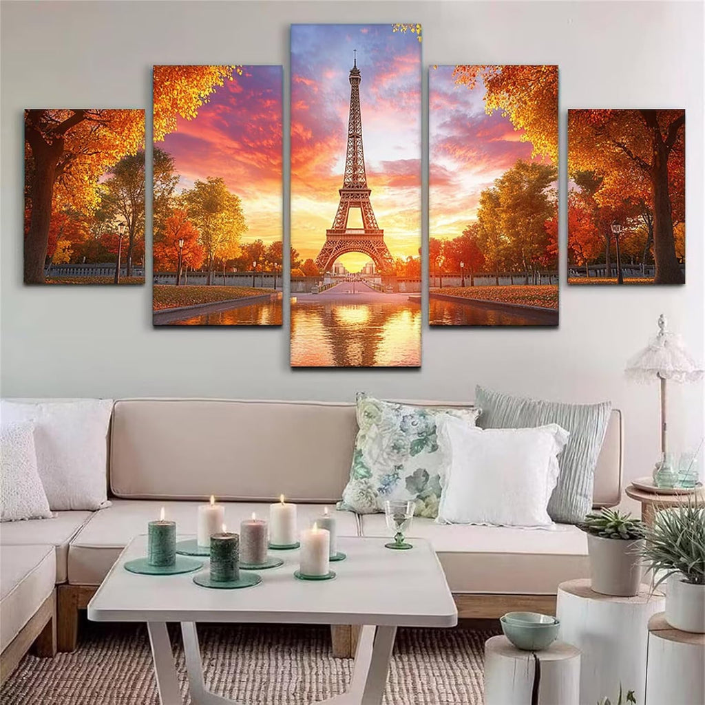 Sunset Diamond Art 5 Piece Diamond Painting Iron Tower 5D DIY Full Round Drill Dimond Art Paintings Crystal Crafts for Adults Gem Painting for Home Decor, Large Artwork for Wall 60 x 120 Inch, Model99