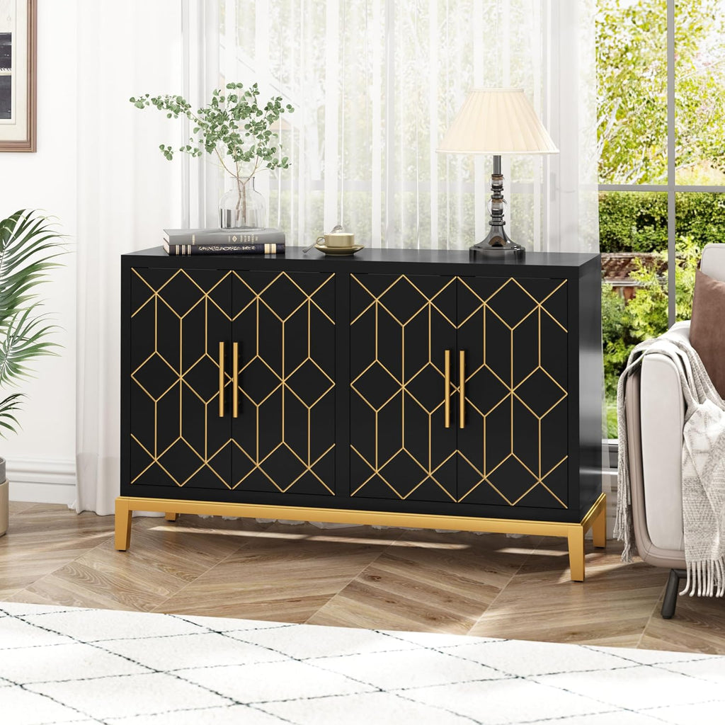 HLR Accent Cabinet with 4 Doors&Shelves, Sideboard Buffet Cabinet with Gold Trim, Modern Black Storage for Living Room, Entryway, Kitchen, Dining Room, Hallway