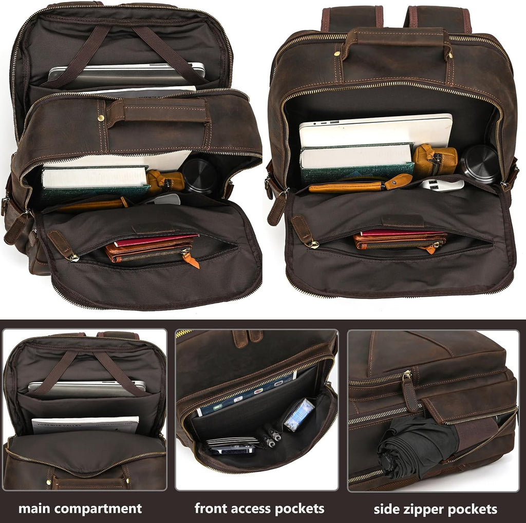 Vintage Full Grain Leather Backpack for Men, 16' Laptop Rucksack For Men Hiking Trave Work Business Bag, Dark Brown