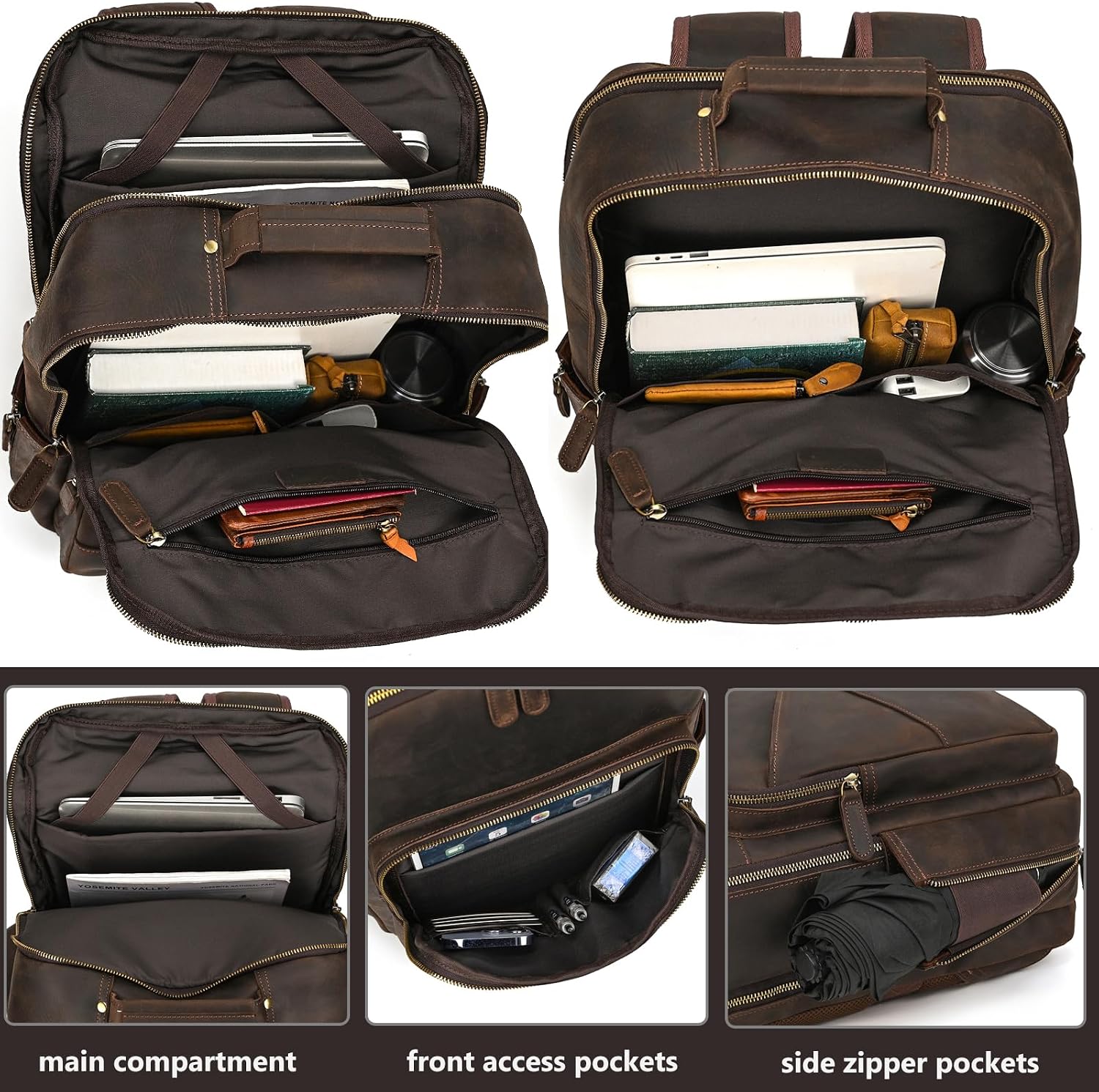 Vintage Full Grain Leather Backpack for Men, 16' Laptop Rucksack For Men Hiking Trave Work Business Bag, Dark Brown