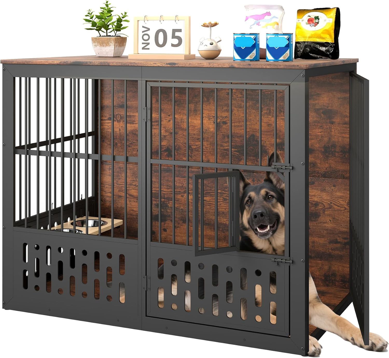 Yafylly 48 Inch XXL Dog Crate Furniture, Wooden Chewproof Dog Kennel with Interactive Window, 360° Adjustable Bowls (5 Heights), Storage Table Top, Heavy Duty XL Dog Crate for Medium Large Dogs, Brown