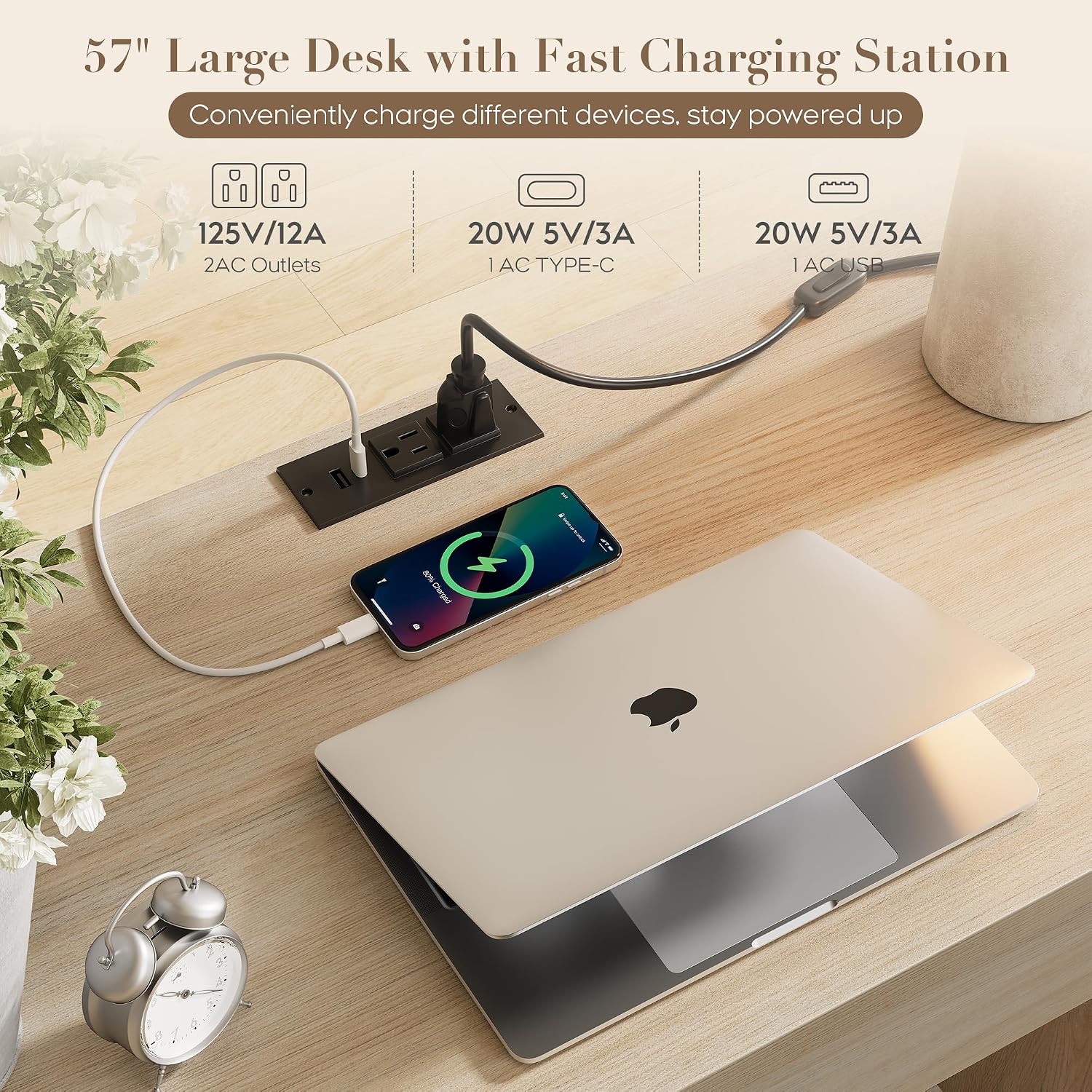 Yechen Executive Desk with 5 Drawers, 57' Modern Rattan Home Office Desk with Charging Station, File Drawer, Farmhouse Boho Computer Writing Desk for Study, Work, Light Beige