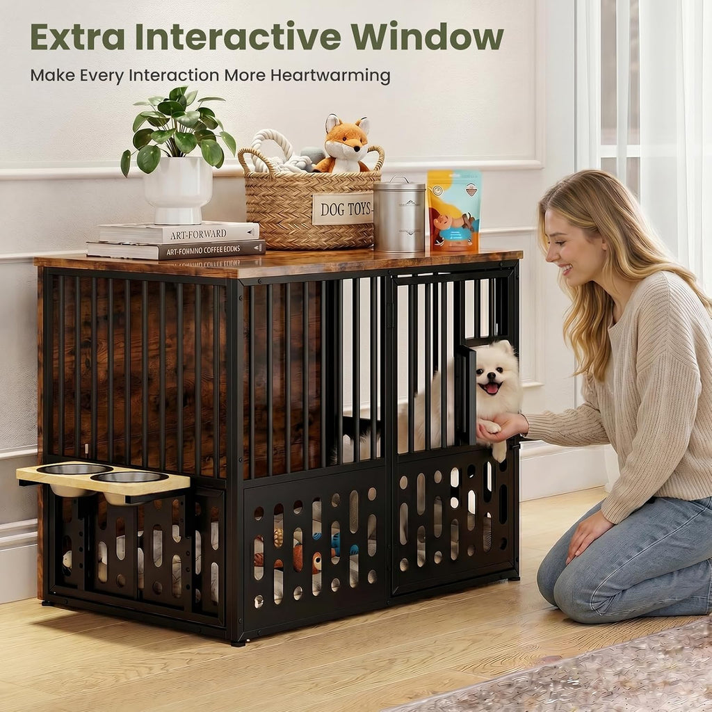 Yafylly 32 Inch Small Dog Crate, Wood Dog Crate Furniture for Small Medium Dogs, Interactive Window, 360° Rotating Adjustable Bowls, Decorative End Table Dog Kennel, Heavy Duty Small Dog Cage, Brown