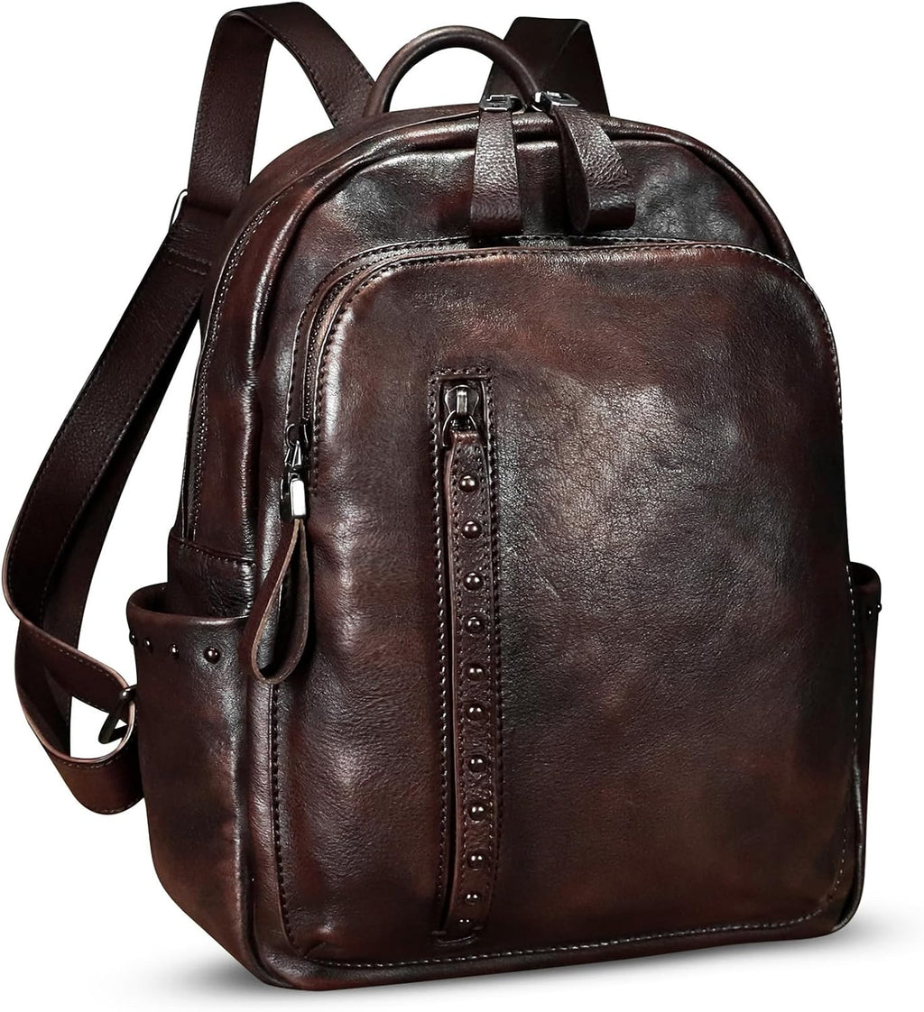Genuine Leather Backpack Purse for Women Vintage Casual Daypack College Bag Handmade Cowhide Western Rivets Rucksack (Coffee)