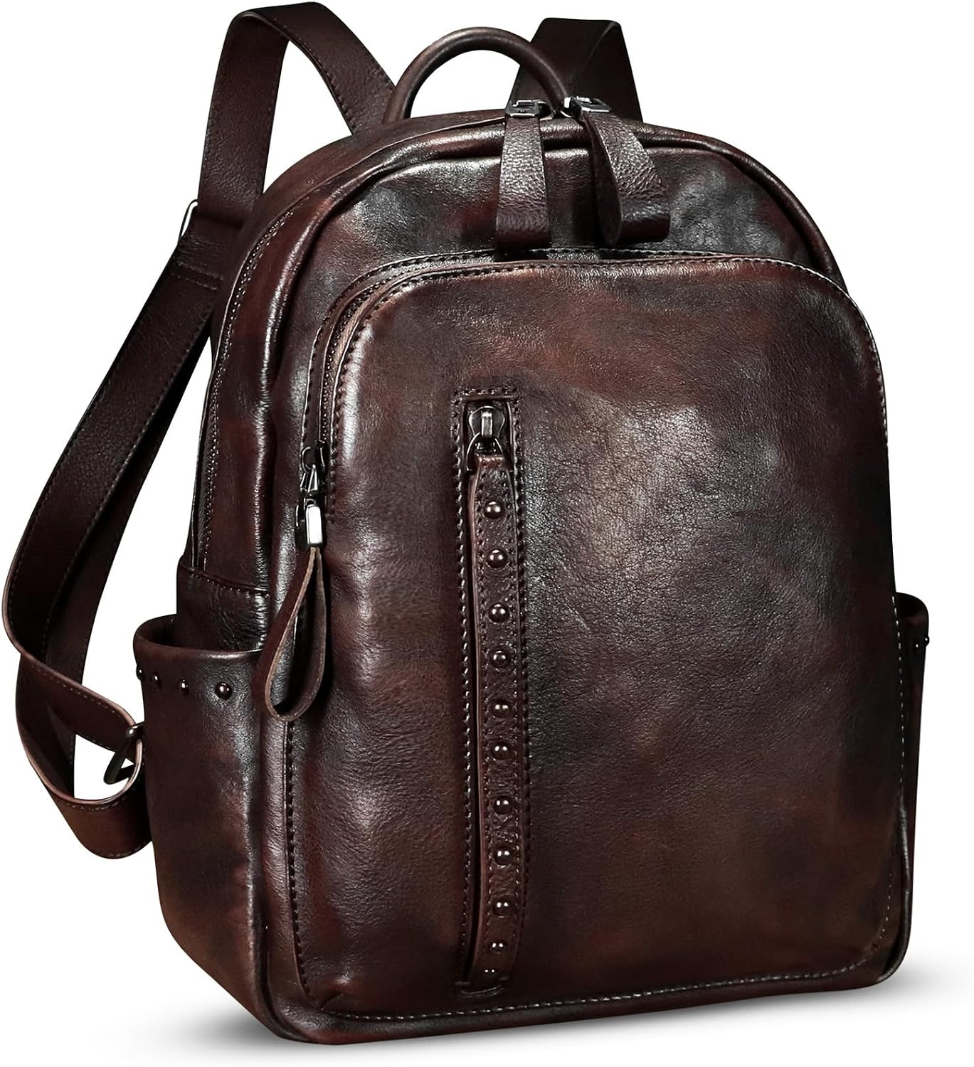 Genuine Leather Backpack Purse for Women Vintage Casual Daypack College Bag Handmade Cowhide Western Rivets Rucksack (Coffee)