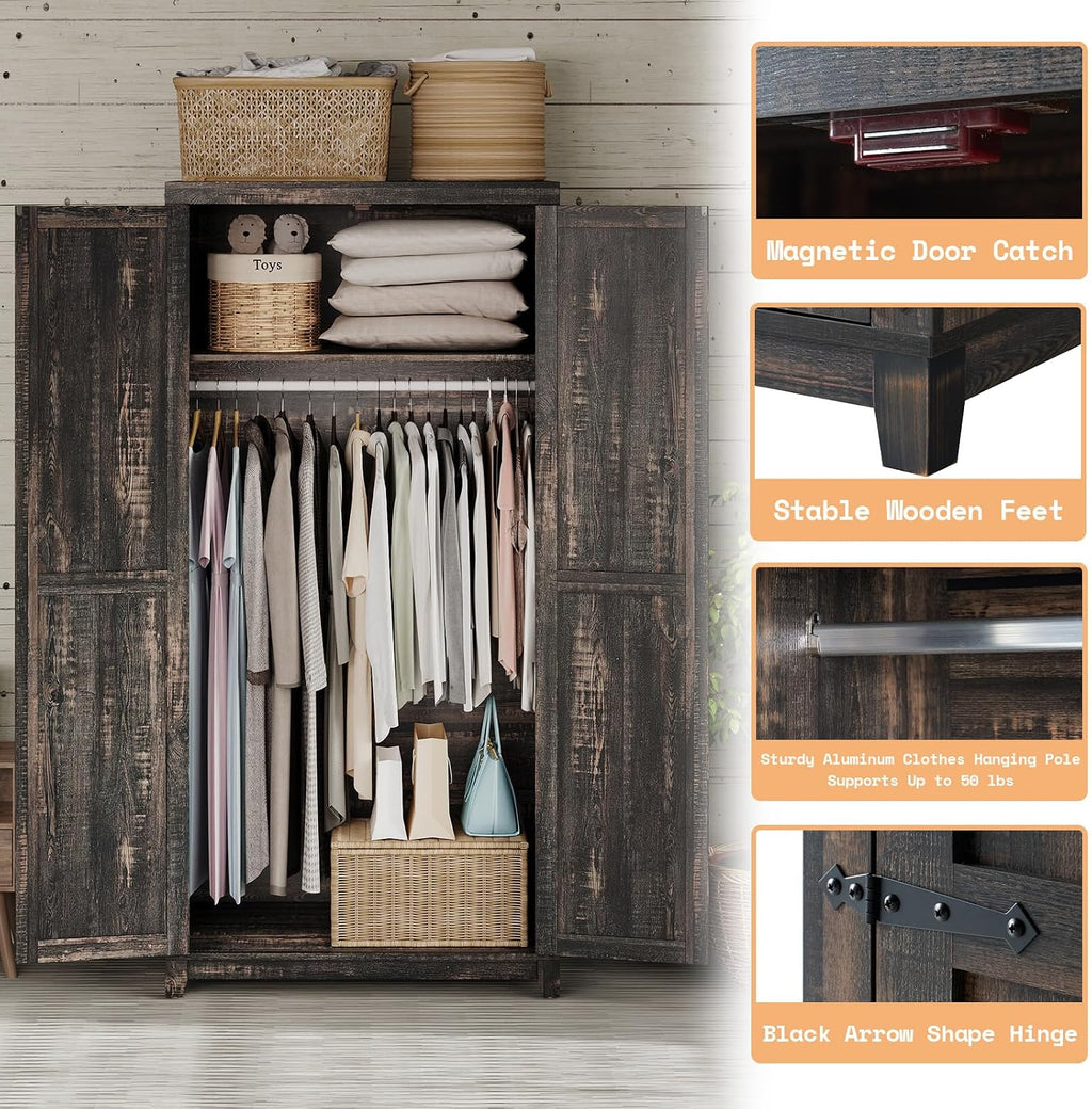 LUXOAK 70' Large Armoire Wardrobe Closet with Hanging Rod, Farmhouse Clothing Storage Cabinet with 2 Barn Doors, Wooden Tall Bedroom Armoires with Shelf, Dark Oak Wood