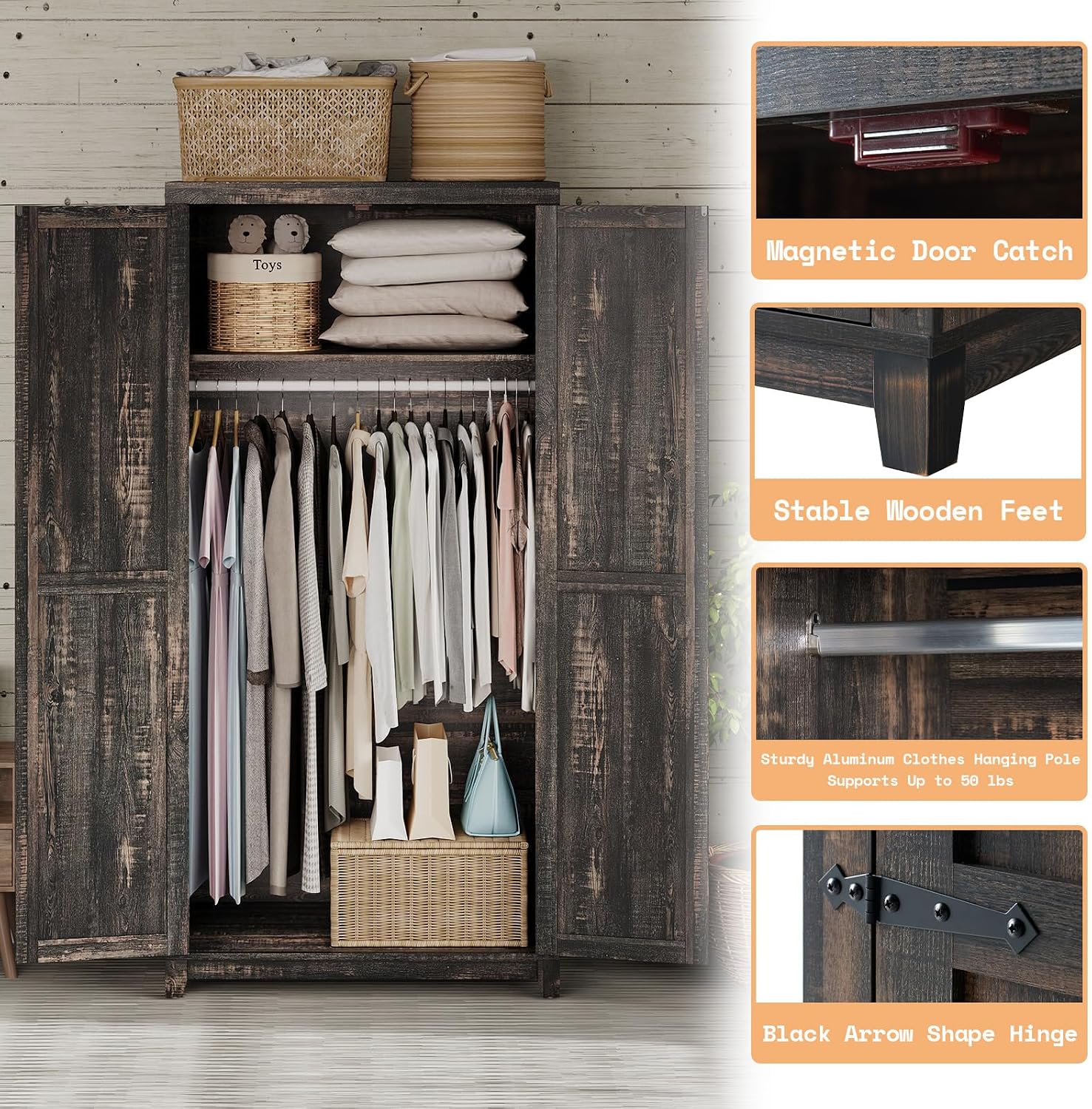 LUXOAK 70' Large Armoire Wardrobe Closet with Hanging Rod, Farmhouse Clothing Storage Cabinet with 2 Barn Doors, Wooden Tall Bedroom Armoires with Shelf, Dark Oak Wood