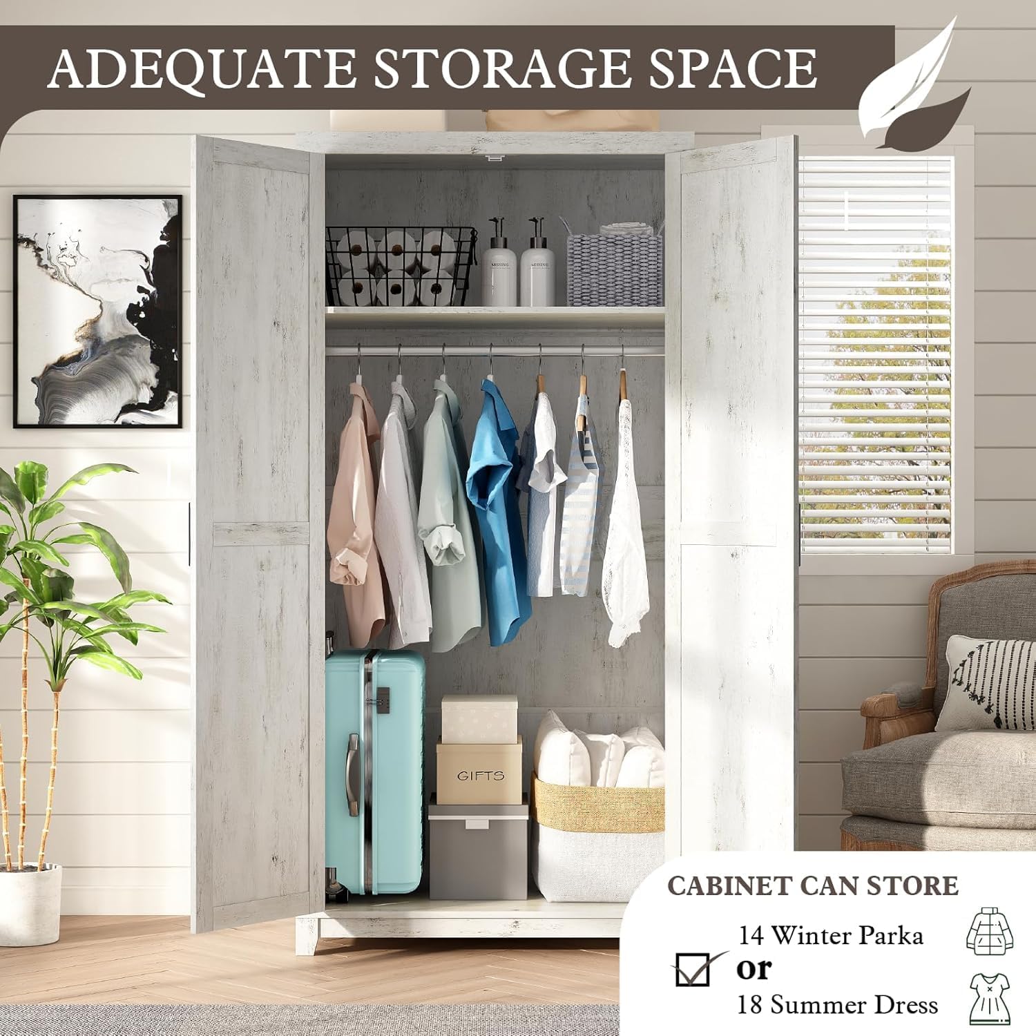 LUXOAK 70' Large Armoire Wardrobe Closet Set of 2 with Hanging Rod, Farmhouse Clothing Storage Cabinet with 2 Barn Doors, Wooden Tall Bedroom Armoires with Shelf, Distressed White
