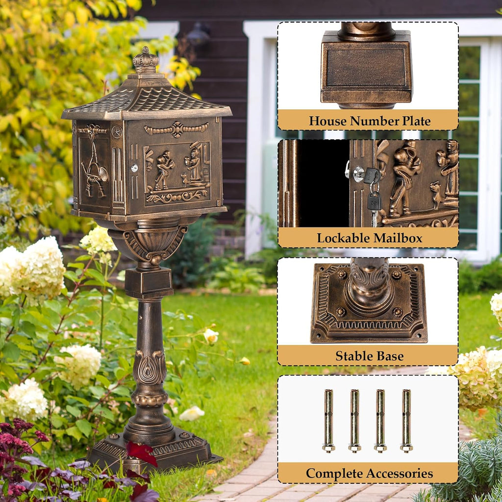 Outvita Cast Aluminum Mailbox, Locking Residential Mailboxes for Outside with Keys, Rust-Proof Large Security Postal Mailbox (Bronze)