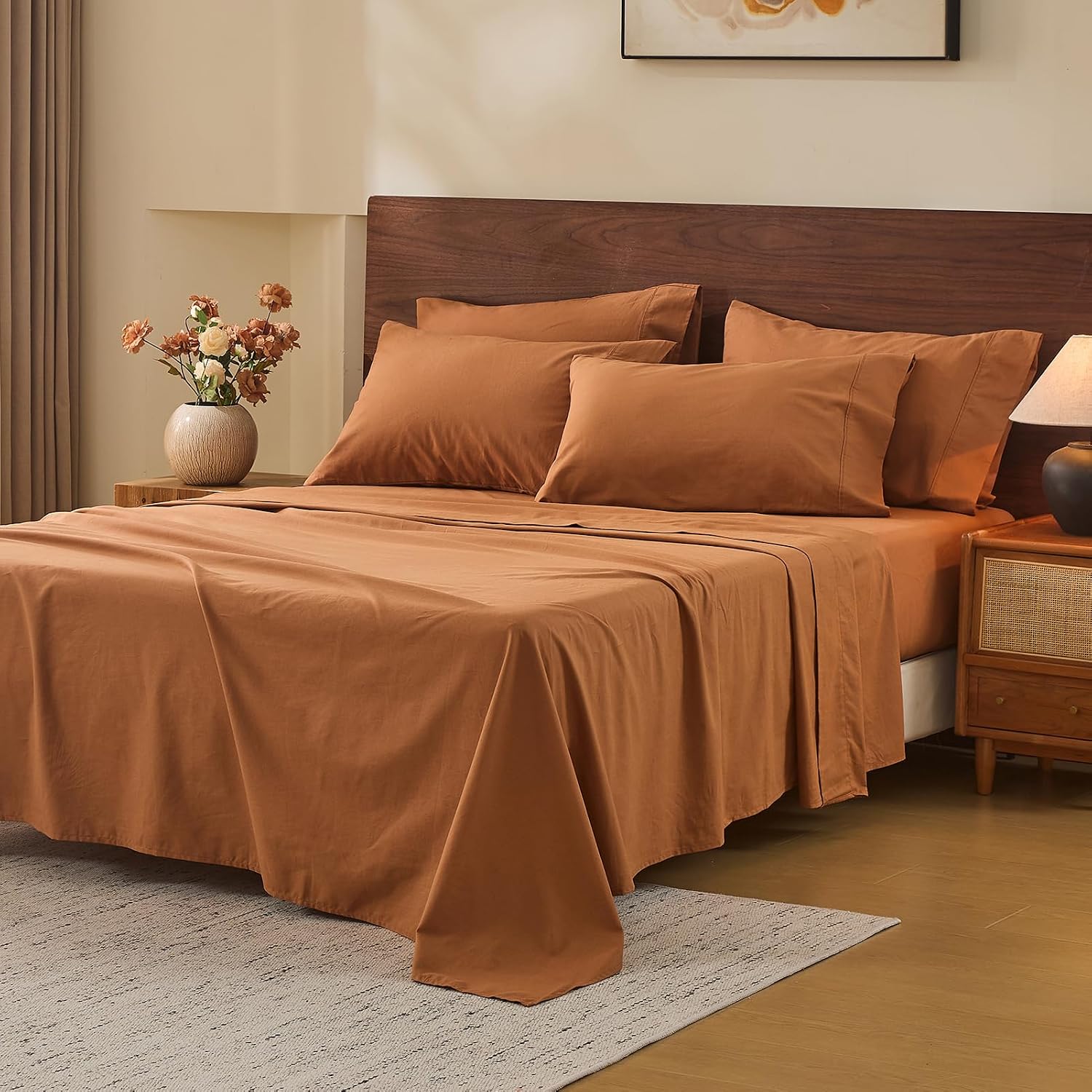 MEISHANG 100% French Pure Linen Sheets Queen Size - 6 PC Extra Deep Pocket Sheet Set, Soft Durable Flax Linen, Anti-Tear Breathable & Oeko-Tex Certified 18-24 Deep Pocket,All Season(Brown)