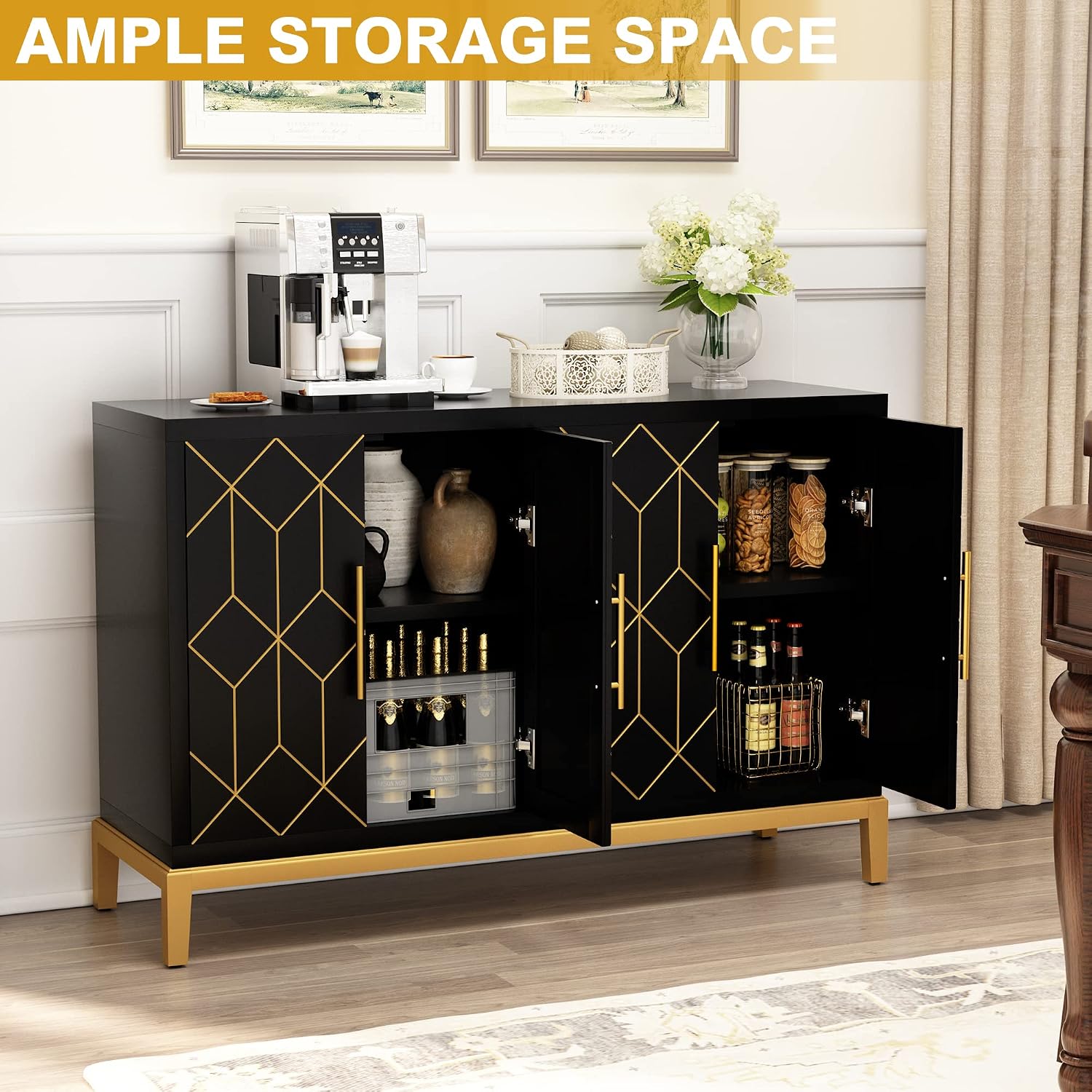 HLR Accent Cabinet with 4 Doors&Shelves, Sideboard Buffet Cabinet with Gold Trim, Modern Black Storage for Living Room, Entryway, Kitchen, Dining Room, Hallway