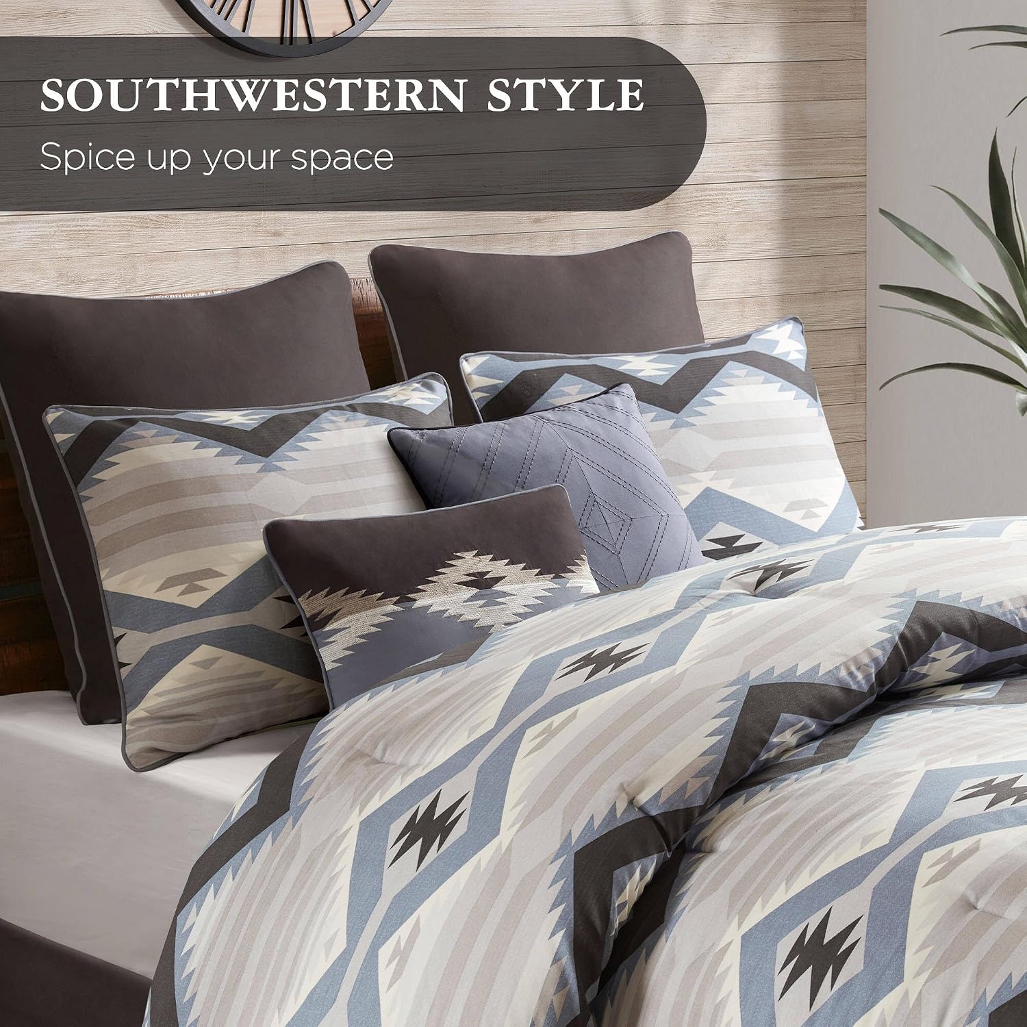 Woolrich Cal King Comforter Set, Southwestern Aztec 8 Piece Bedding Set, Oversized All Season Down Alternative Comforter with Shams, Euro Shams, Decorative Pillows & Bedskirt, Rustic Cabin, Blue