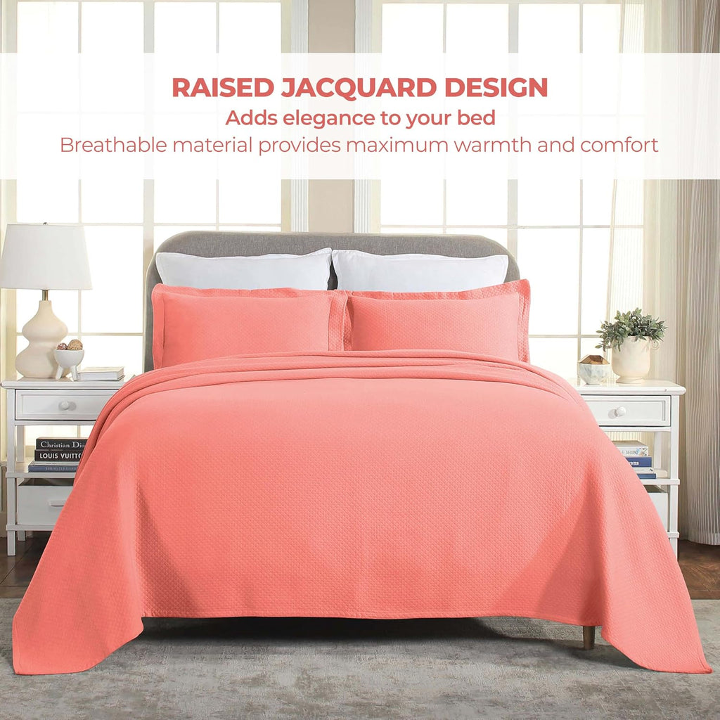 Superior Solitaire Cotton 3 Piece Bedspread Set, Home Bed Decor, Decorative Textured Bed Spread, 2 Pillow Shams, Airy Blanket, Matelasse Coverlet Bedding, All-Season Accent Blanket, Queen, Coral