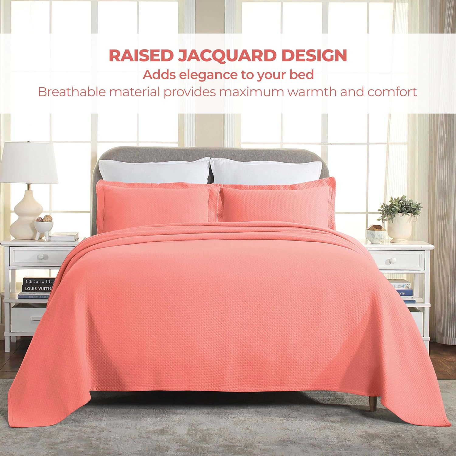 Superior Solitaire Cotton 3 Piece Bedspread Set, Home Bed Decor, Decorative Textured Bed Spread, 2 Pillow Shams, Airy Blanket, Matelasse Coverlet Bedding, All-Season Accent Blanket, Queen, Coral