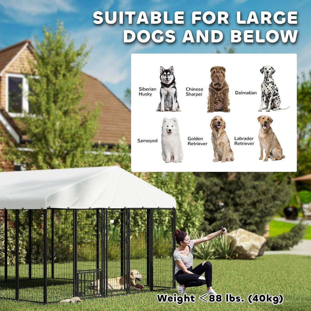 PawHut 10' x 10' x 6' Outdoor Dog Kennel, Welded Wire Dog Kennel Outside Run with 360° Rotating Bowls, Waterproof & UV Resistant Cover, for S&M&L Breeds, Chickens, Ducks, Sliver