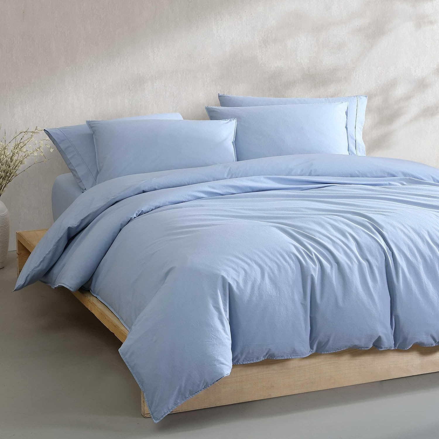 Calvin Klein - Queen Comforter Set, Modern Cotton Washed Percale Bedding with Matching Shams, Oeko-Tex Certified (Washed Percale Blue, Queen)