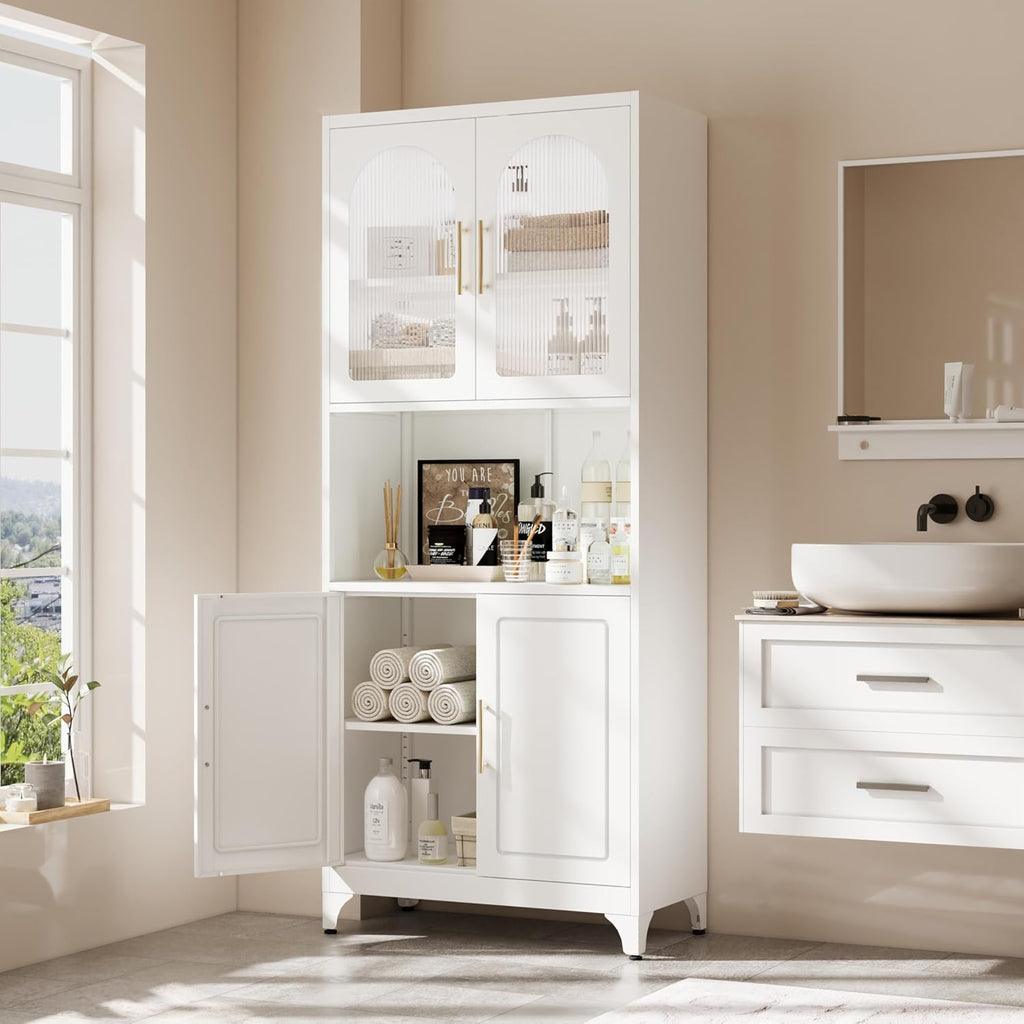 Kitchen Pantry Cabinet, 75' Tall Metal Storage Cabinets with Microwave Stand, White Hutch, Tall Storage Cabinet with Glass Doors and Adjustable Shelves, Food Pantry Cupboard for Kitchen, Dining Room