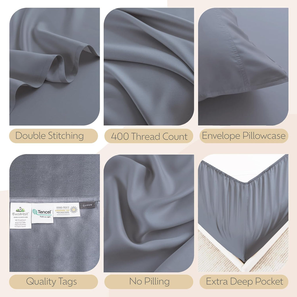 100% Eucalyptus Tencel Bed Sheet Set | Queen Size | Organic | Ultra Soft | Cooling for Hot Sleepers | Hypoallergenic | Thermal Regulating | Deep Pocket | Fits 18' Mattress - Storm Gray